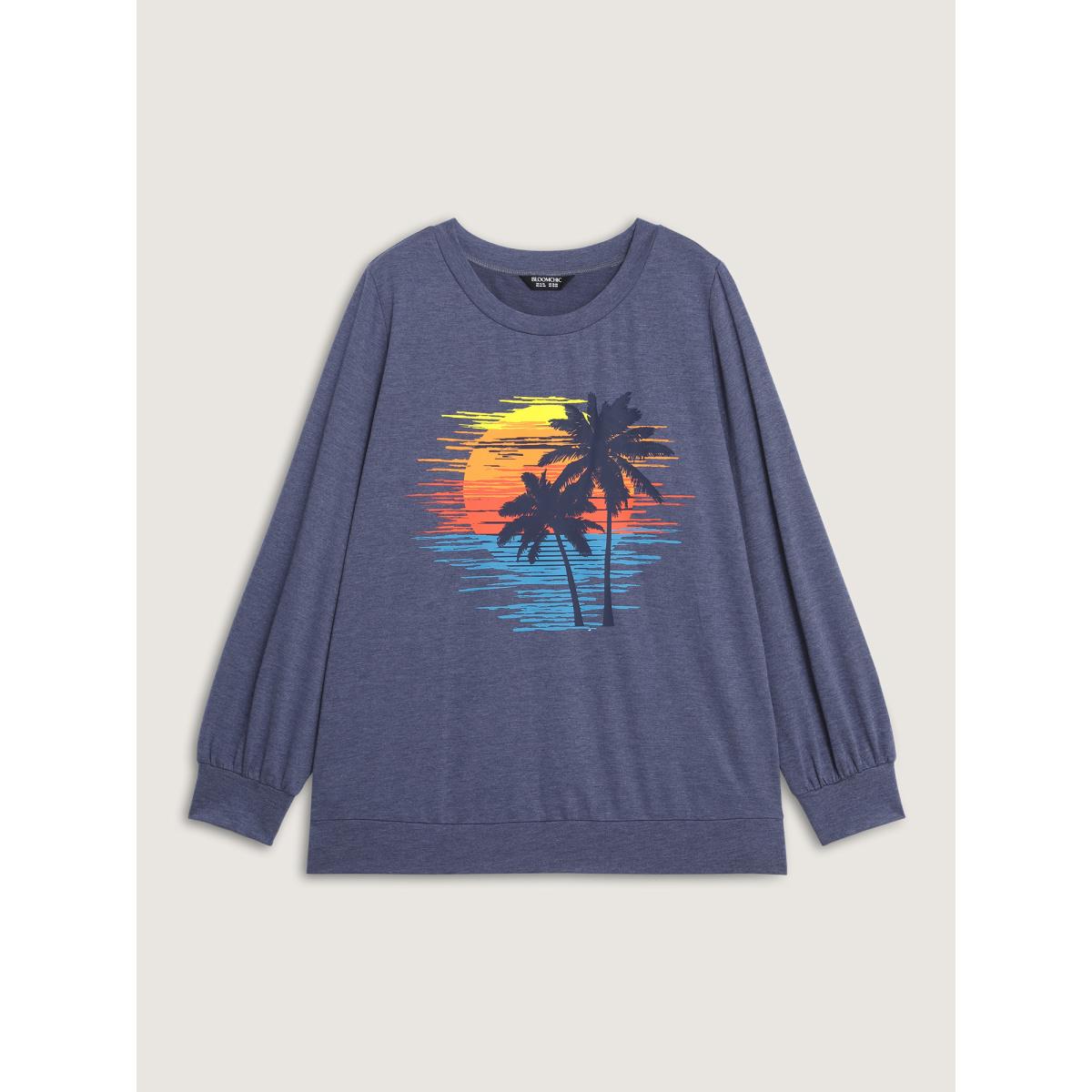 Plus Size Heather Island Pattern Sweatshirt Women Navy Leisure Round Neck Casual Sweatshirts BloomChic 28/5X Product Image