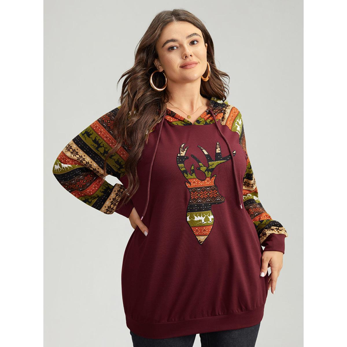 Plus Size Christmas Print Pocket Hooded Drawstring Sweatshirt Women Burgundy Casual Contrast Festival-Christmas Sweatshirts BloomChic 30/6X Product Image