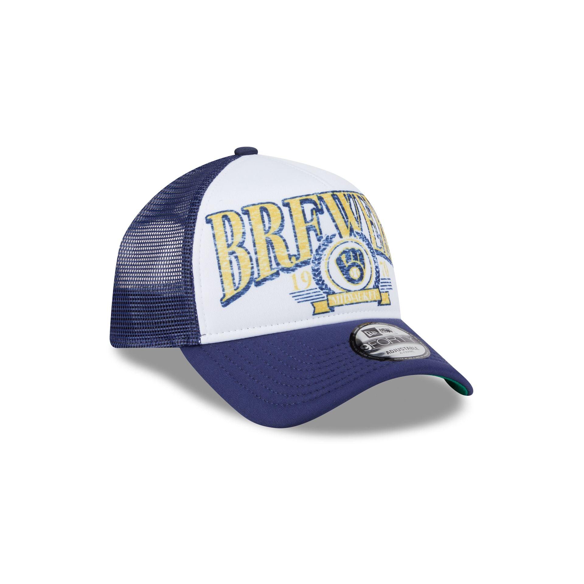 Milwaukee Brewers Distressed 9FORTY A-Frame Trucker Hat Male Product Image