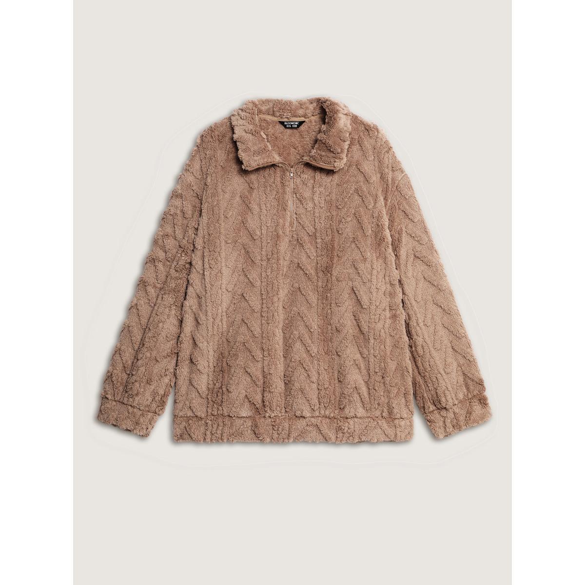 Plus Size Textured Half-Zipper Drop Shoulder Sweatshirt Women LightBrown Leisure Texture Mock Neck Casual Sweatshirts BloomChic 28/5X Product Image
