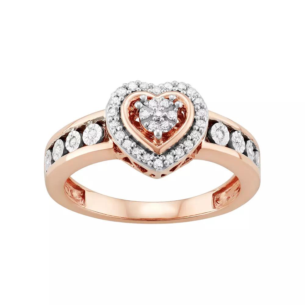 14k Rose Gold Over Silver 1/5 Carat T.W. Diamond Heart Ring, Women's, Size: 9, Gold Tone Product Image