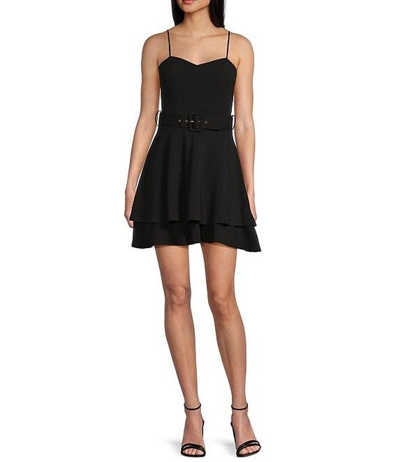 Honey and Rosie Sweetheart Neck Spaghetti Strap Belted Fit And Flare Double Layered Dress Product Image