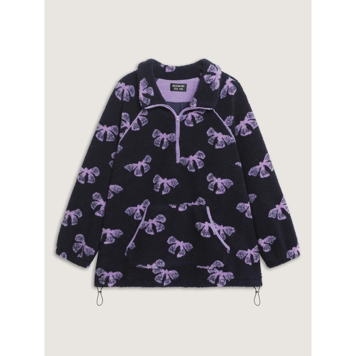 Plus Size Fluffy Texture Bowknot Pattern Adjustable Sweatshirt Women Midnight Playful Contrast Turtleneck Casual Sweatshirts BloomChic 18-20/2X Product Image