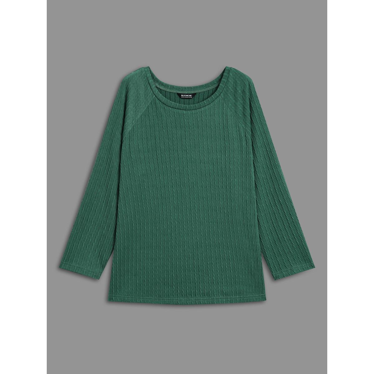 Plus Size Textured Elastic Raglan Sleeves T-shirt Emerald Women Casual Texture Round Neck Everyday T-shirts BloomChic 14-16/1X Product Image