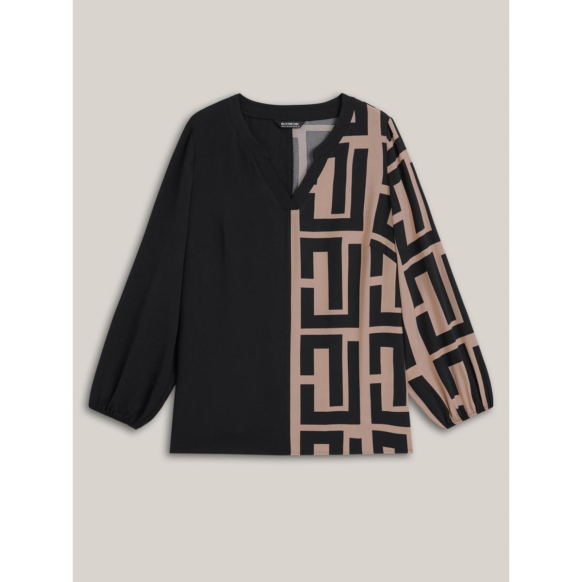 Plus Size Black Notched Geometric Colorblock Contrast Blouse Women At the Office Long Sleeve Notched collar Office Blouses BloomChic 12/L Product Image