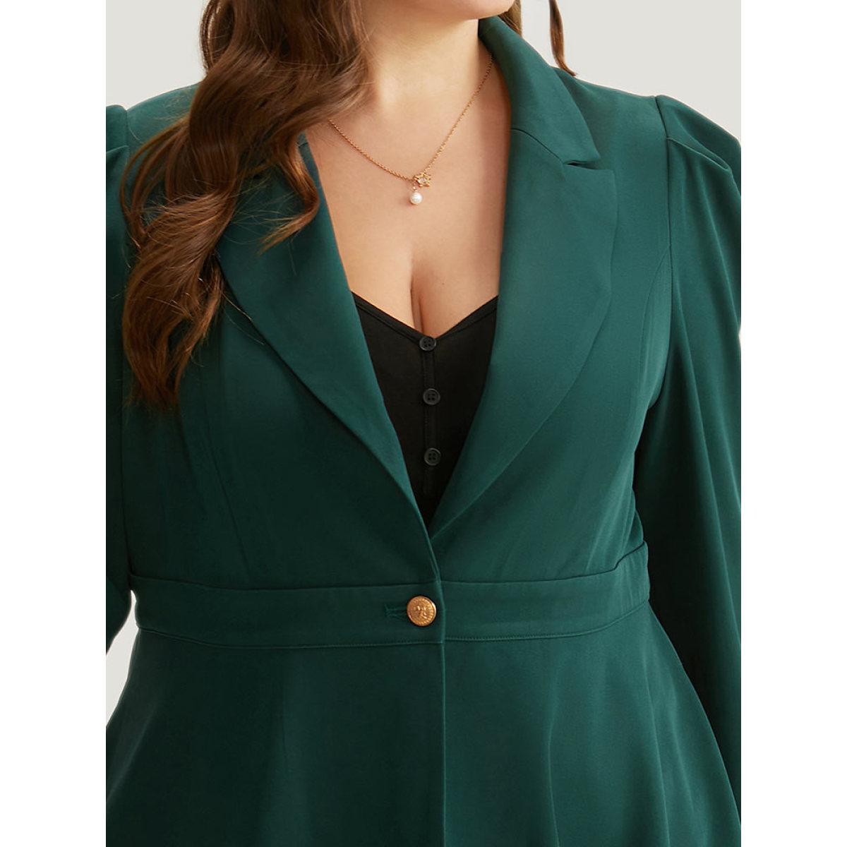 Plus Size Button Fly Waistline Inside Blazer DarkGreen Women Work Plain Gathered Sleeve Long Sleeve Suit Collar 28/5X At the Office Blazers BloomChic Product Image