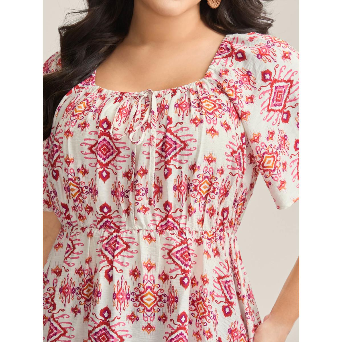 Plus Size Raspberry Floral Neck-Tie Babydoll Top Women Short sleeve Square Neck Vacation Blouses BloomChic 10/M Product Image
