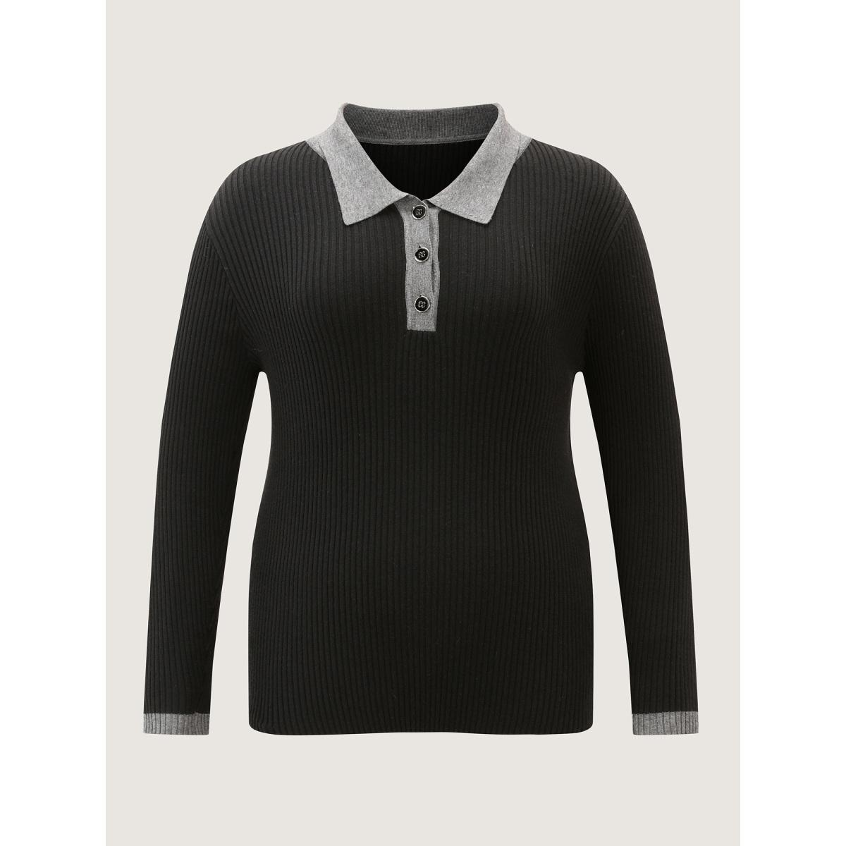 Plus Size Polo Neck Contrast Metal Buttons Pullover Black Women Leisure Bodycon Long Sleeve Polo Casual Pullovers BloomChic 22-24/3X Product Image