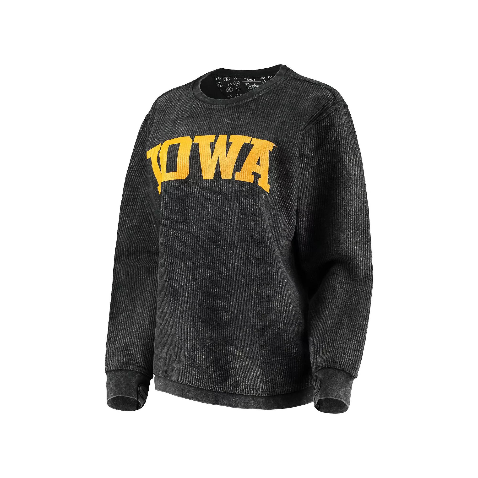 Women's Pressbox Black Iowa Hawkeyes Comfy Cord Vintage Wash Basic Arch Pullover Sweatshirt,  Product Image