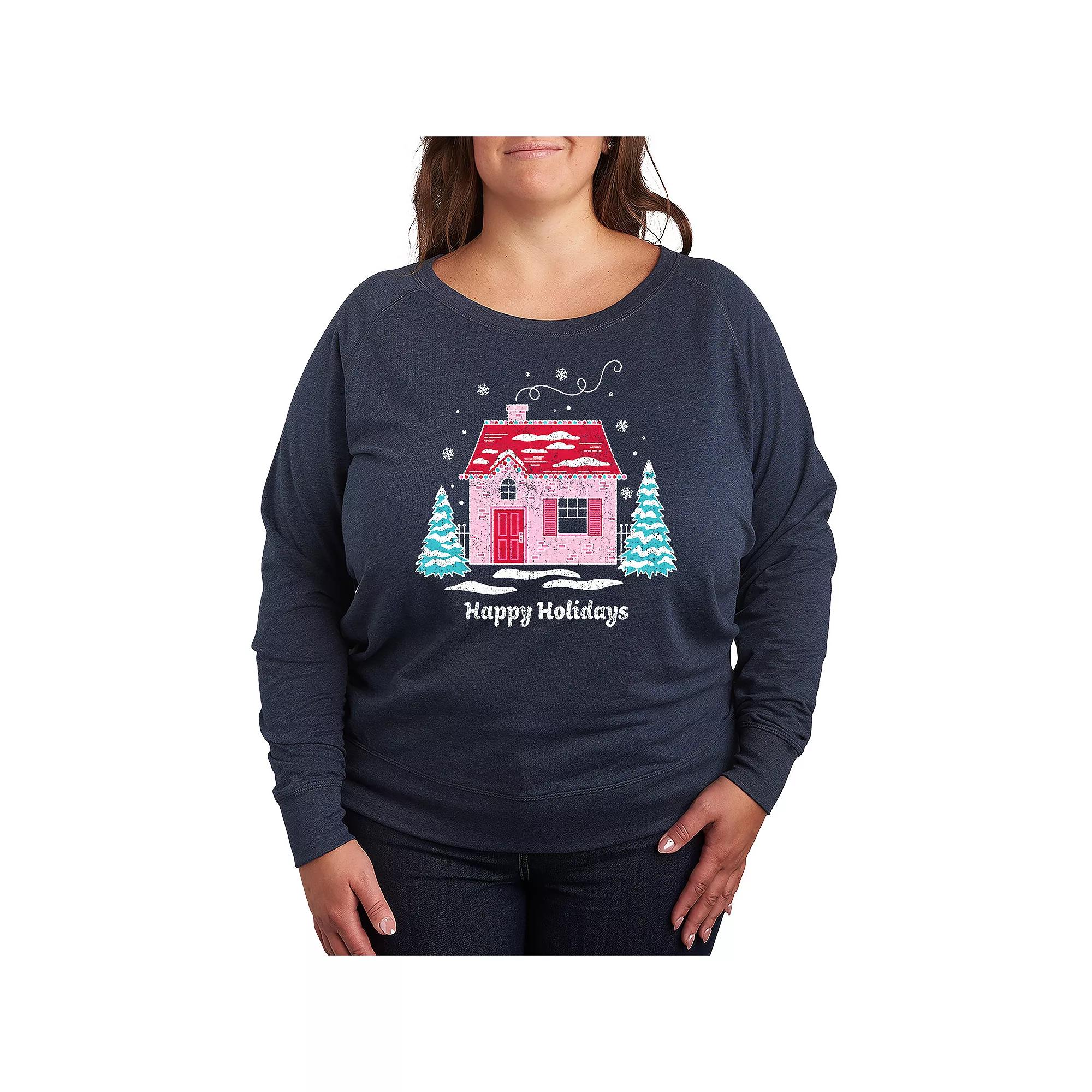 Plus Size Pink Holiday House French Terry Long Sleeve Tee, Women's, Size: 2XL, Grey Indigo Product Image
