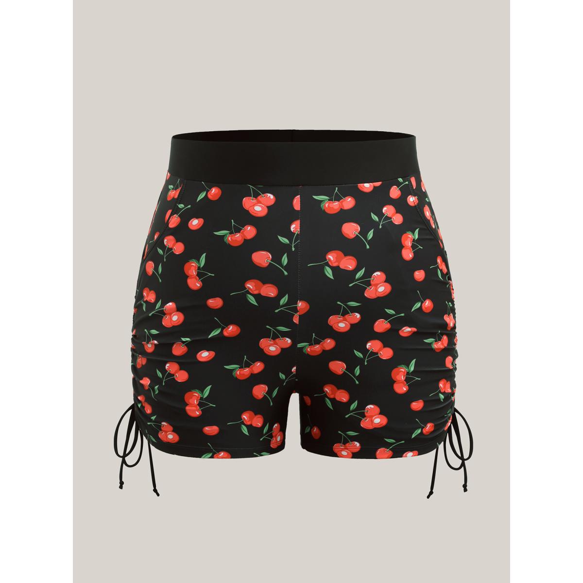 Plus Size Cherry Print Adjustable Drawstring Swim Bottoms Women's Swimwear Black Resort Drawstring High stretch Skinny High Rise Curve Swim Bottoms BloomChic 18-20/2X Product Image