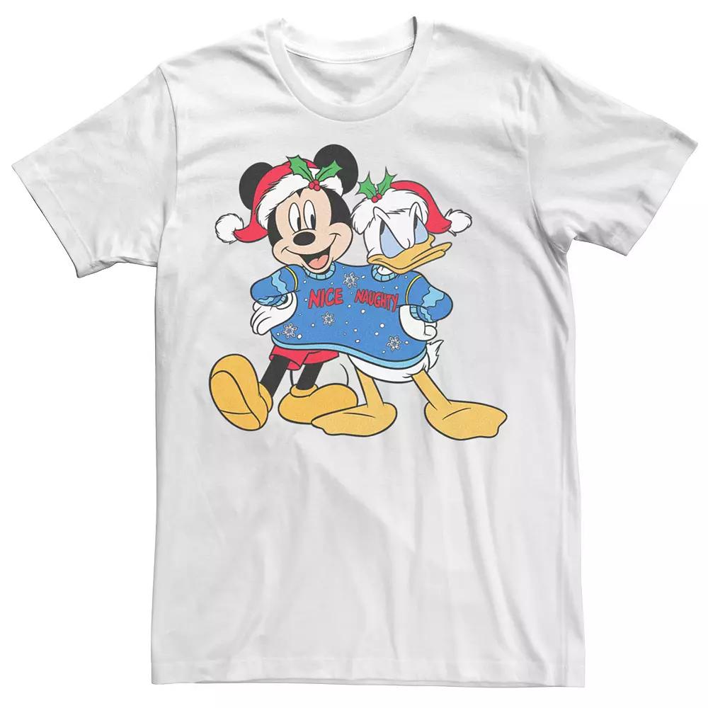 Men's Mickey Mouse And Donald Nice And Naughty Christmas Sweater Graphic Tee,  Product Image