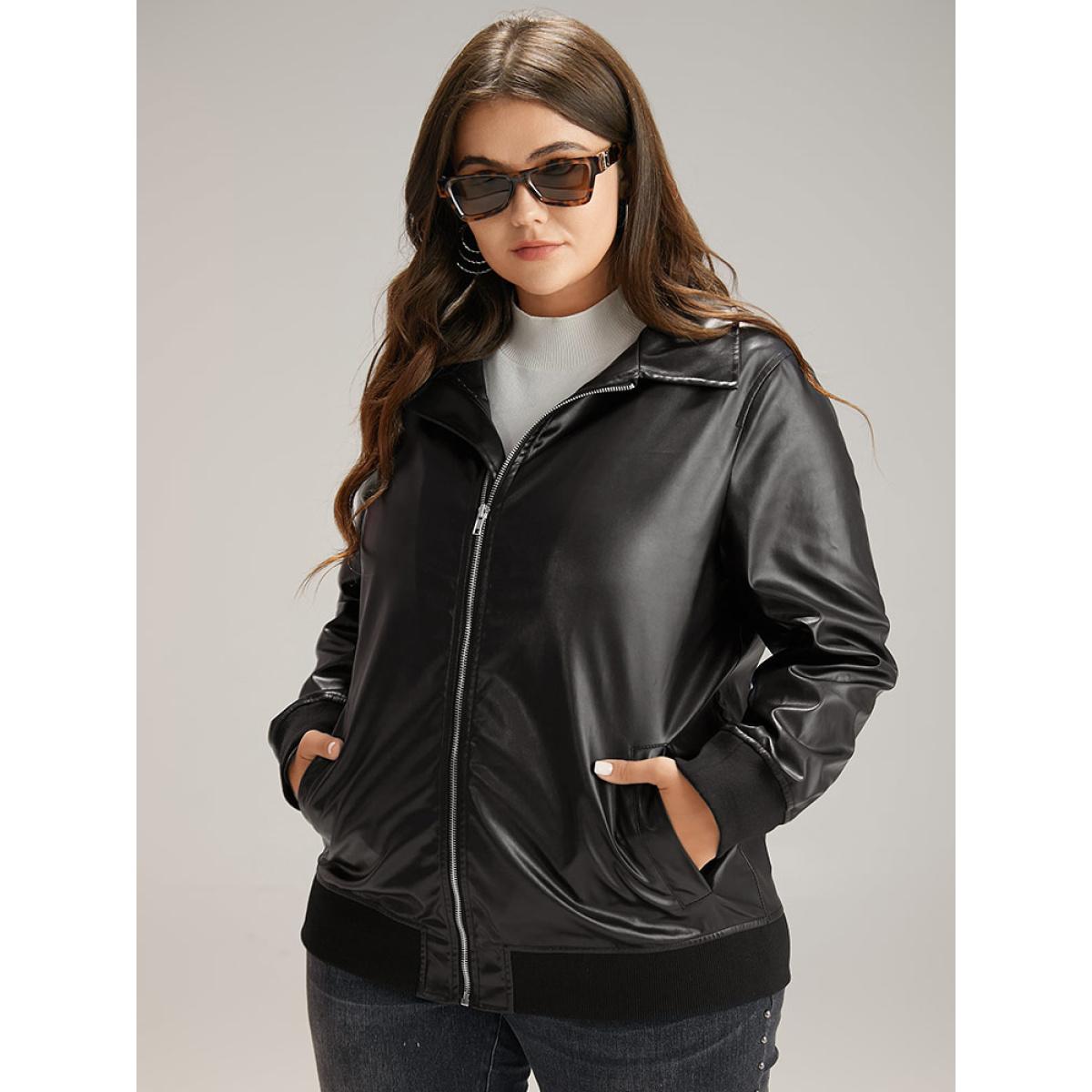 Plus Size Plain Zipper Fly Rib Knit Patchwork Jacket Women Black Elastic cuffs Pocket Dailywear Jackets BloomChic 12/L Product Image