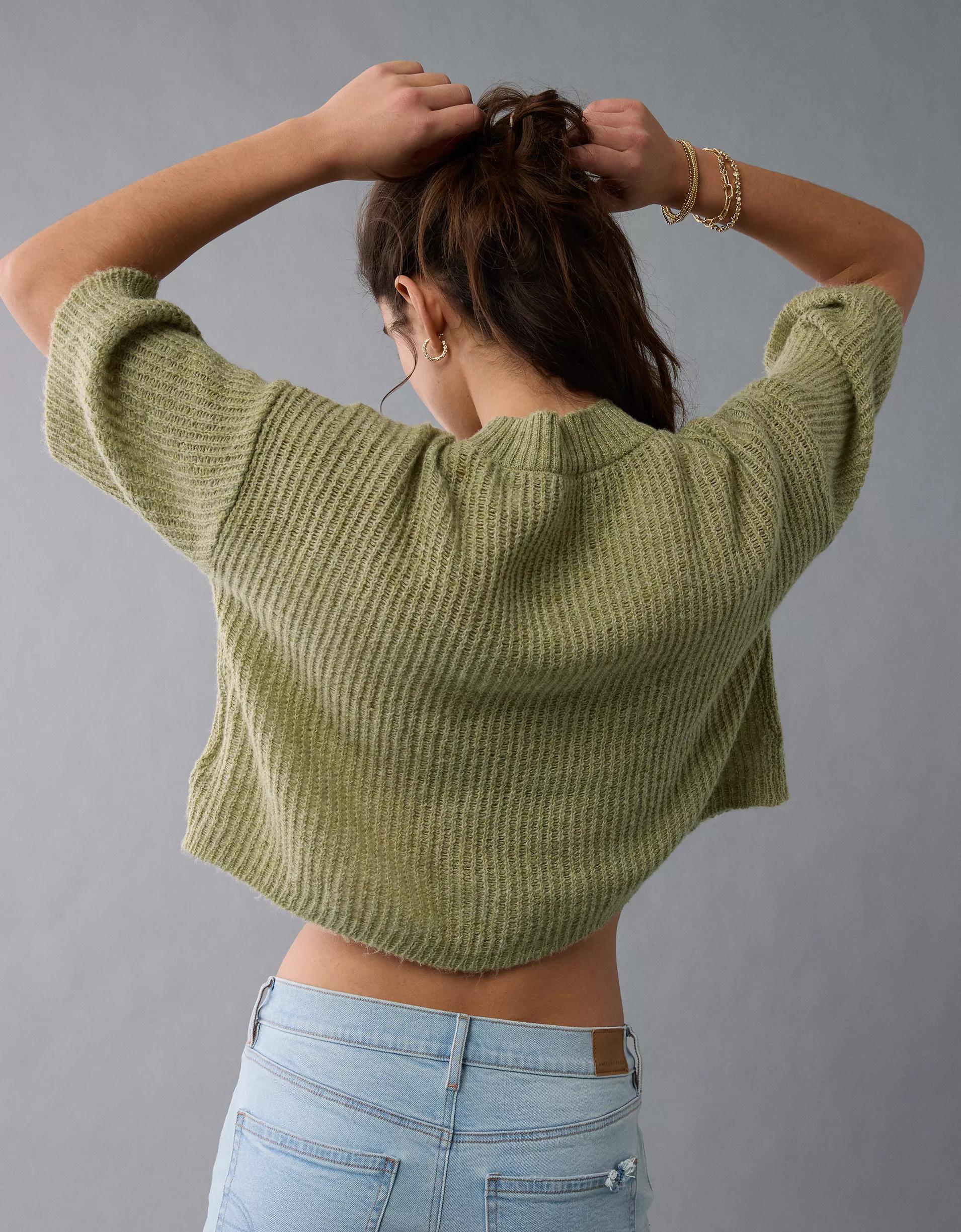 AE Short-Sleeve Crew Neck Cropped Cardigan Product Image