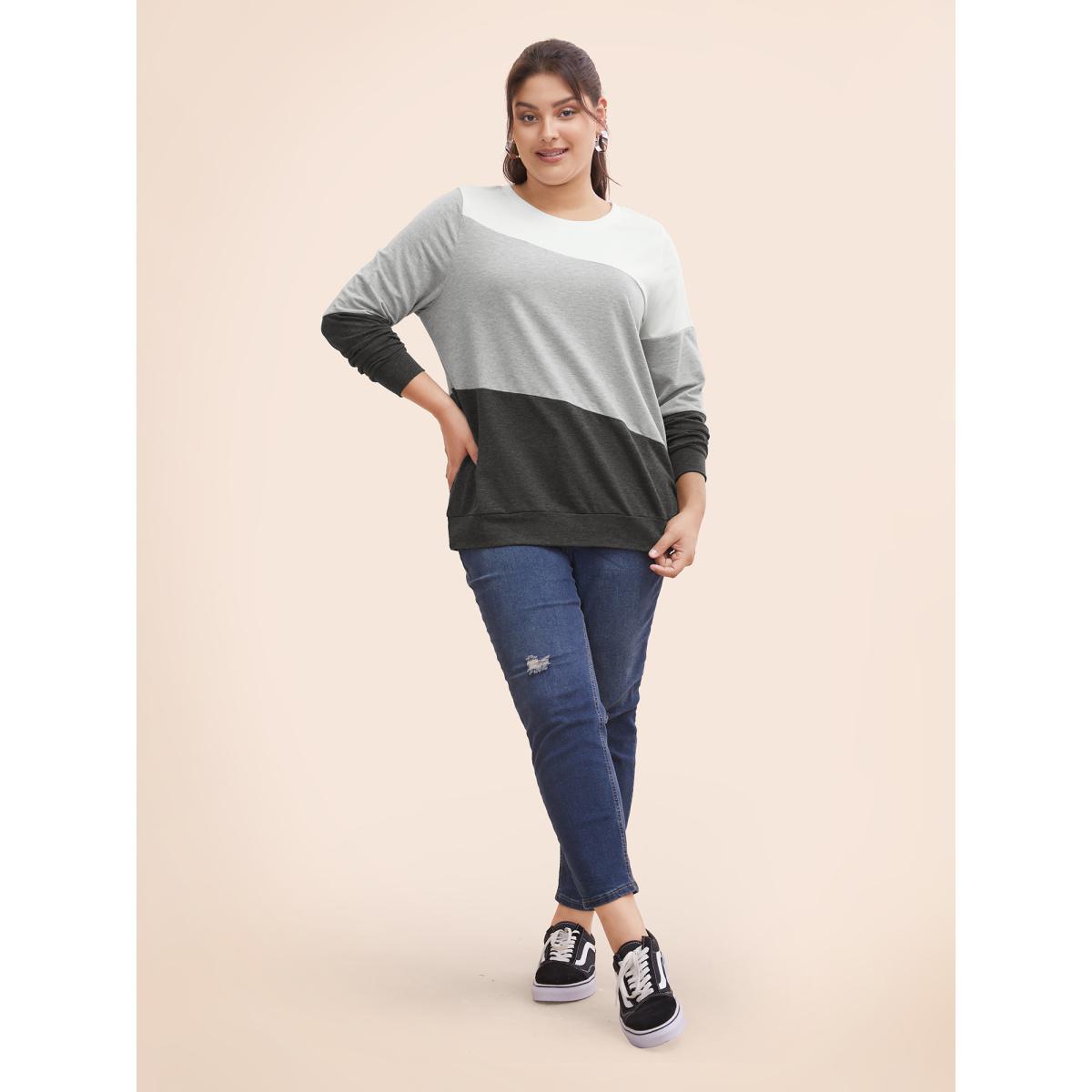 Plus Size Crew Neck Colorblock Contrast Sweatshirt Women DimGray Casual Contrast Round Neck Everyday Sweatshirts BloomChic 28/5X Product Image