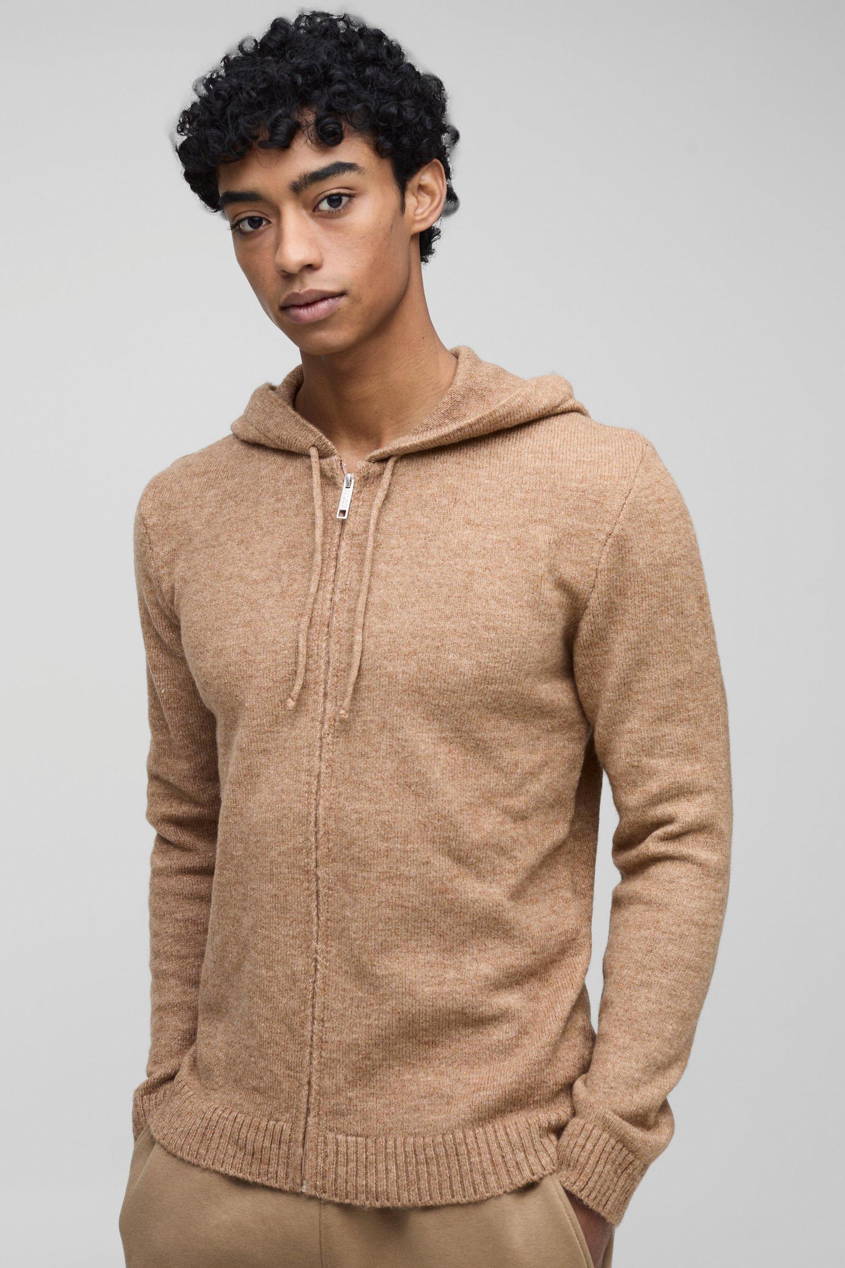 Slim Fit Zip Through Knitted Hoodie | boohooMAN USA Product Image