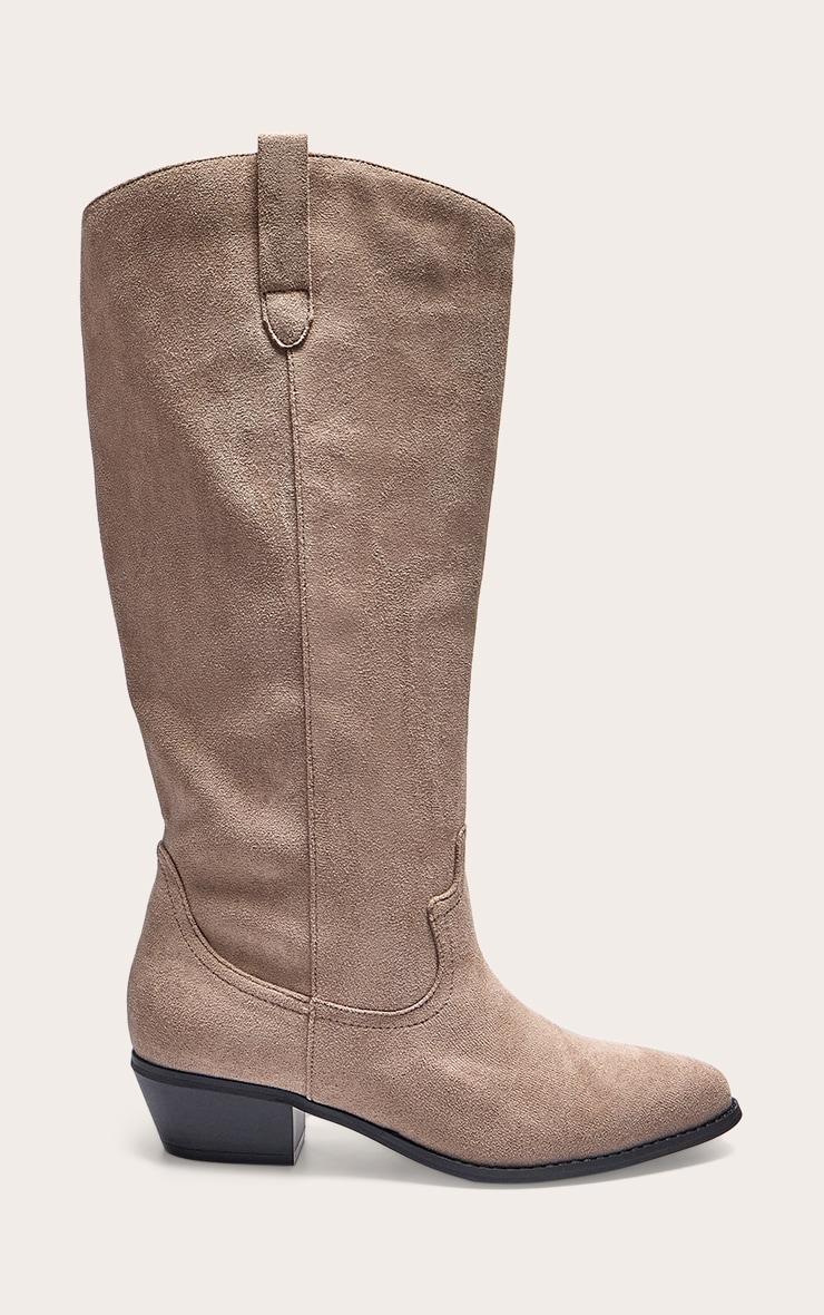 Taupe Faux Suede Point Toe Knee High Western Boots Product Image