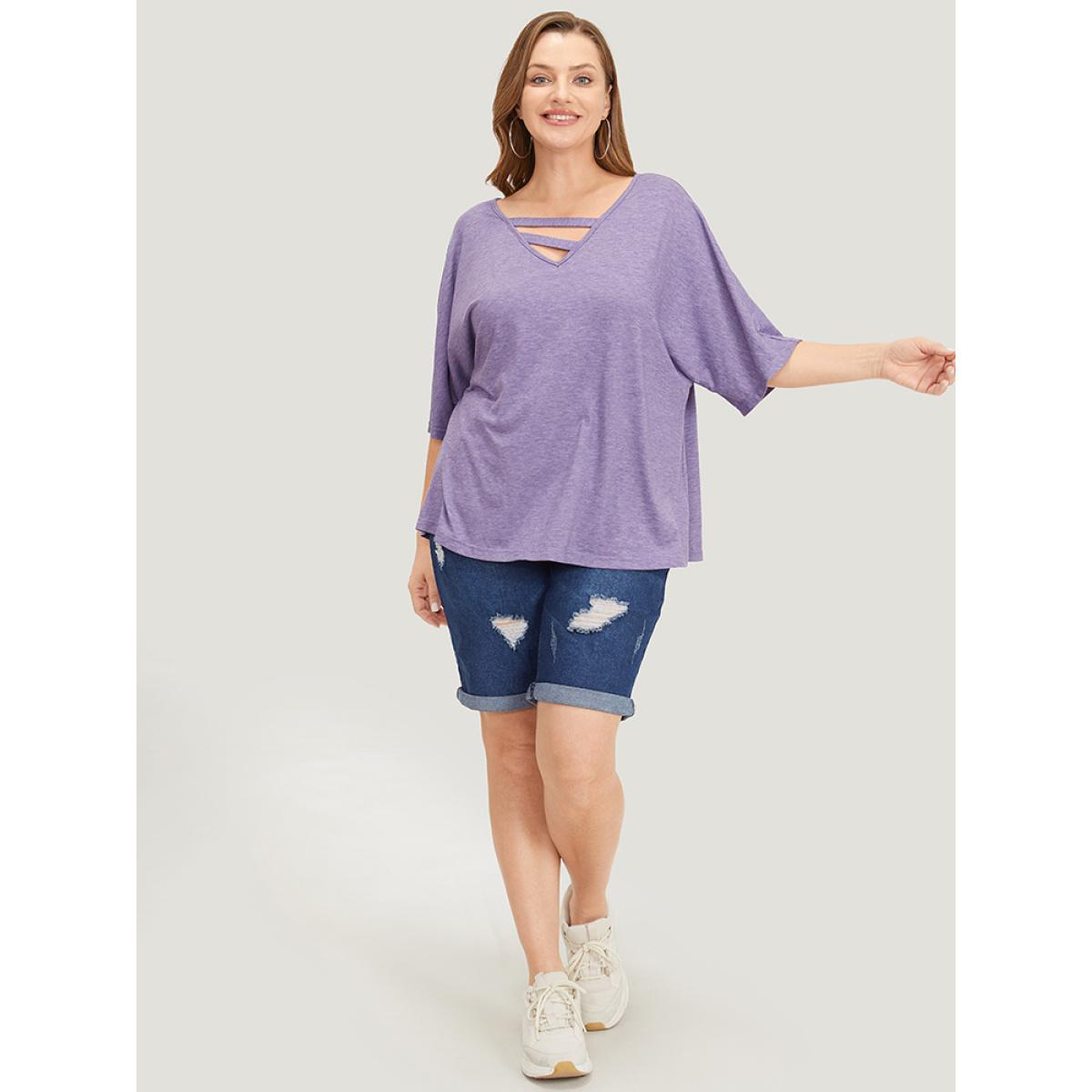 Plus Size Solid Heather Keyhole Neck Dolman Sleeve T-shirt Heather Women Casual Heather Plain V-neck Loose Dailywear T-shirts BloomChic 30/6X Product Image