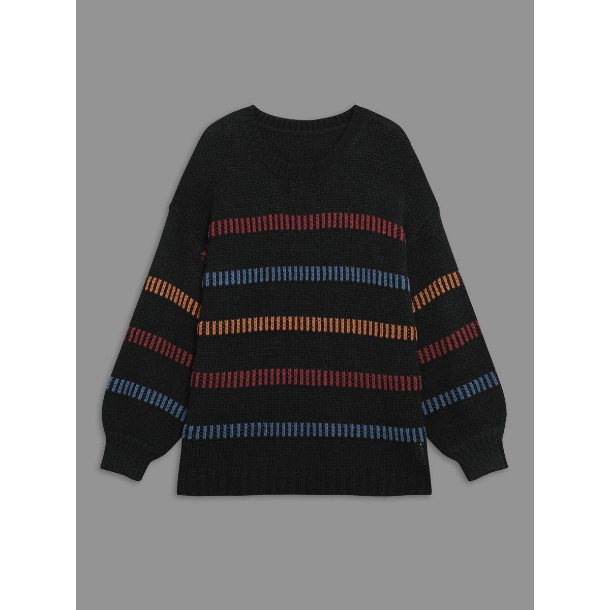 Plus Size Multi-Color Stripes Textured Crew Neck Pullover Black Women Casual Loose Long Sleeve Round Neck Everyday Pullovers BloomChic 28/5X Product Image