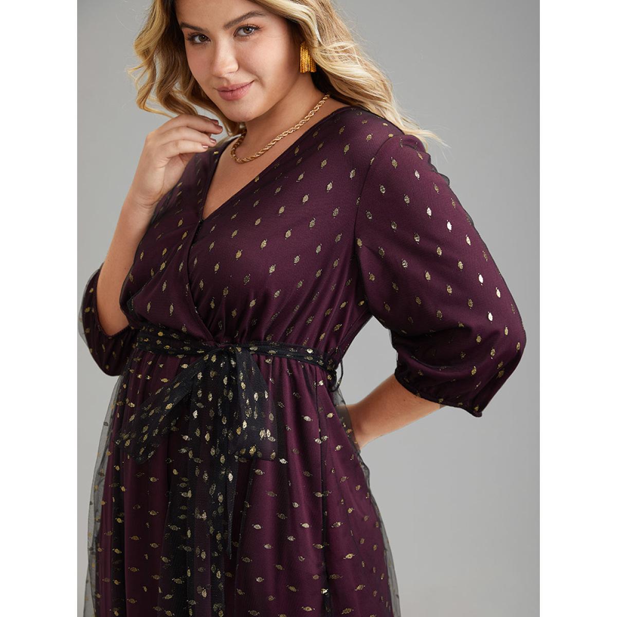 Plus Size Geometric Tiered Mesh Belted Wrap Dress RedViolet Women Glamour Elastic cuffs Overlap Collar Elbow-length sleeve Curvy Midi Dress BloomChic 14-16/1X Product Image
