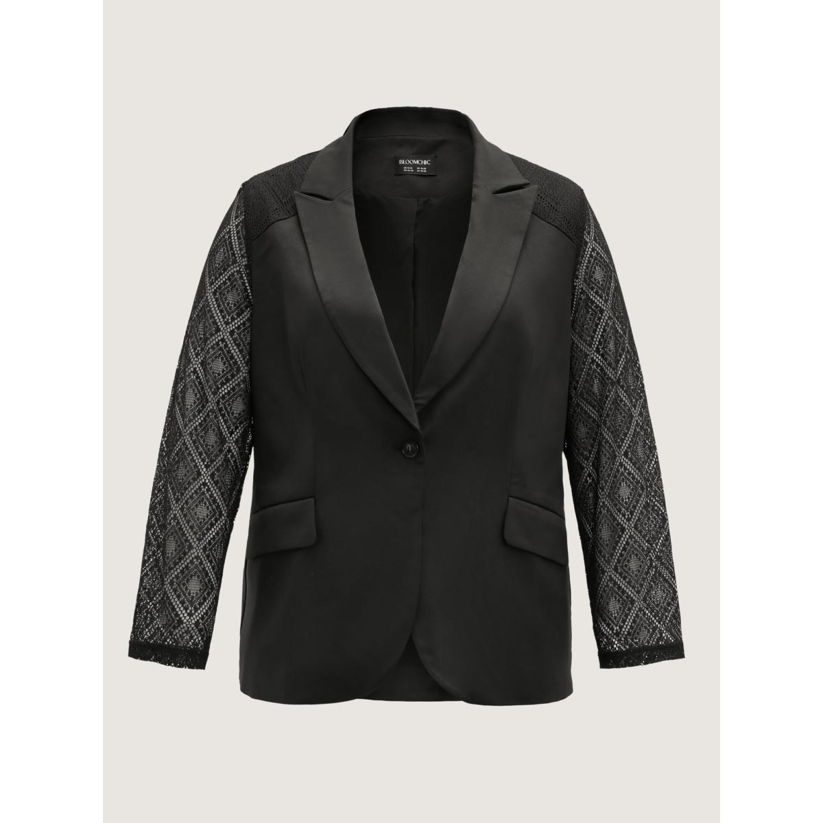 Plus Size Stretchy Textured Sheer Sleeve Contrast Blazer Black Women Elegant See through Sleeve Extra Long Sleeve Suit Collar 30/6X Open pocket with flap Romantic Blazers BloomChic Product Image
