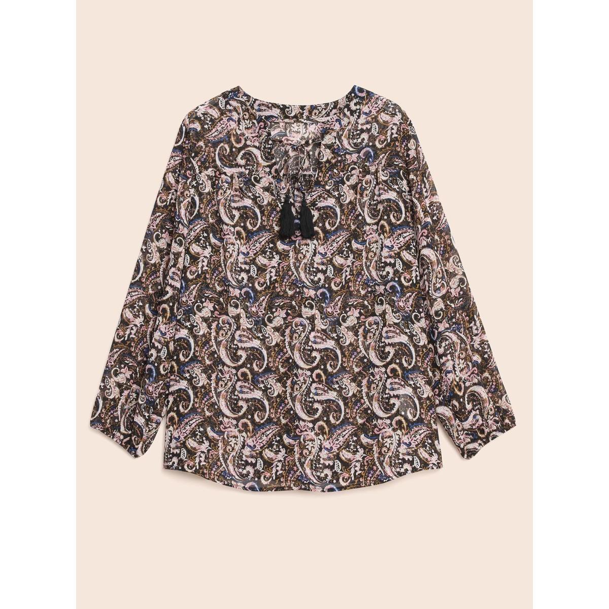 Plus Size Black Chiffon Paisley Tassels Tie Knot Blouse Women Resort Long Sleeve V-neck Vacation Blouses BloomChic 30/6X Product Image