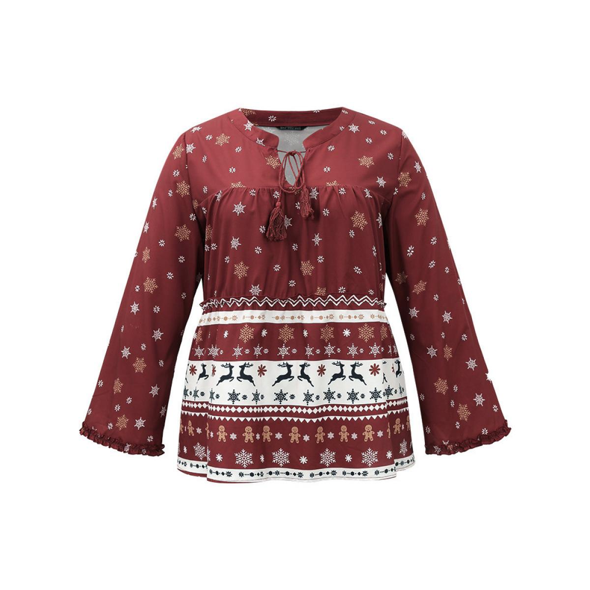 Plus Size Scarlet Christmas Print Tassels Ties Blouse Women Elegant Long Sleeve Tie Neck Festival-Christmas Blouses BloomChic 14-16/1X Product Image