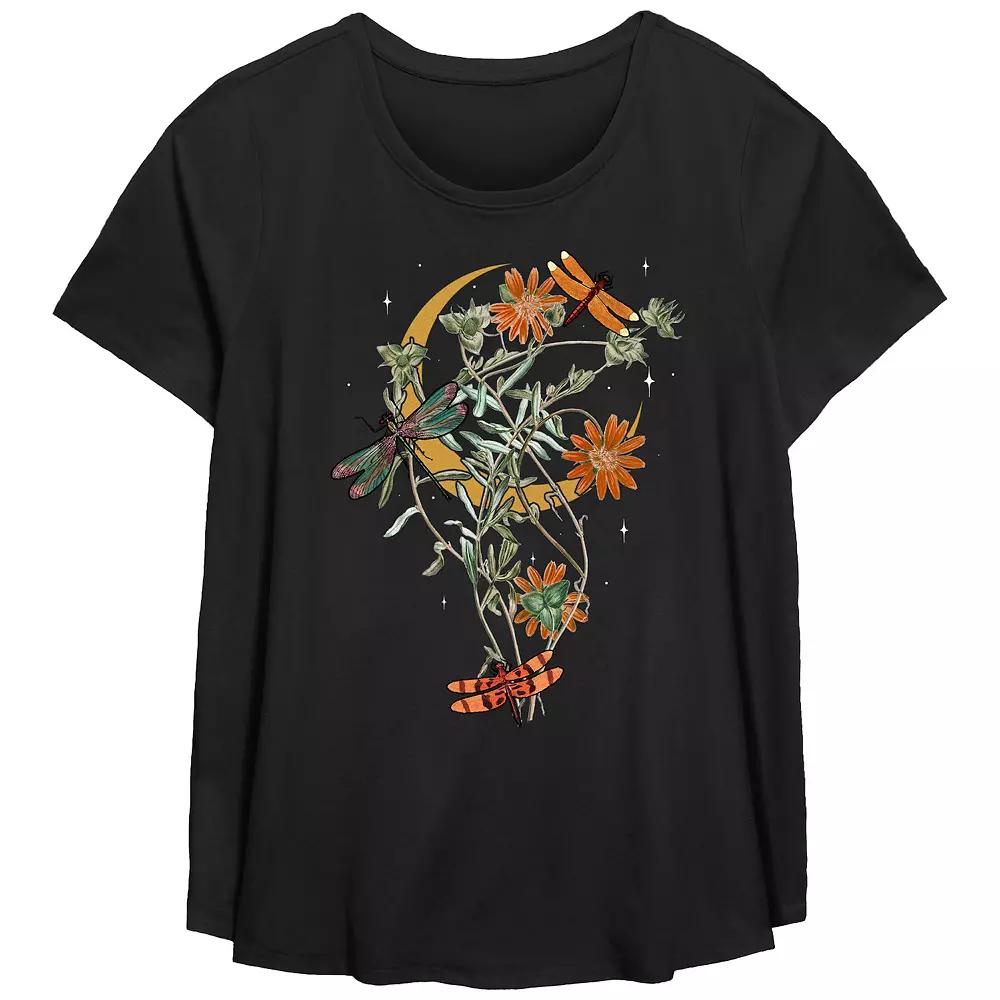 Plus Size Fall Floral Dragonfly Flowy Graphic Tee, Women's, Size: 4XL, Black Product Image