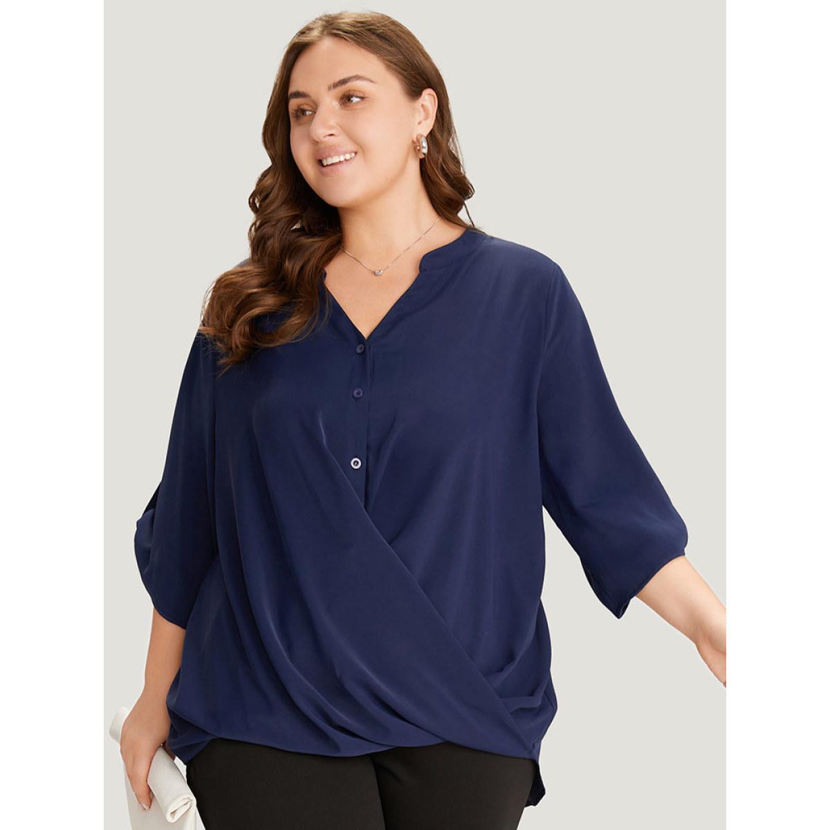 Plus Size Indigo Solid Button Up Notched Crossover Hem Blouse Women Office Elbow-length sleeve Notched collar Work Blouses BloomChic 14-16/1X Product Image