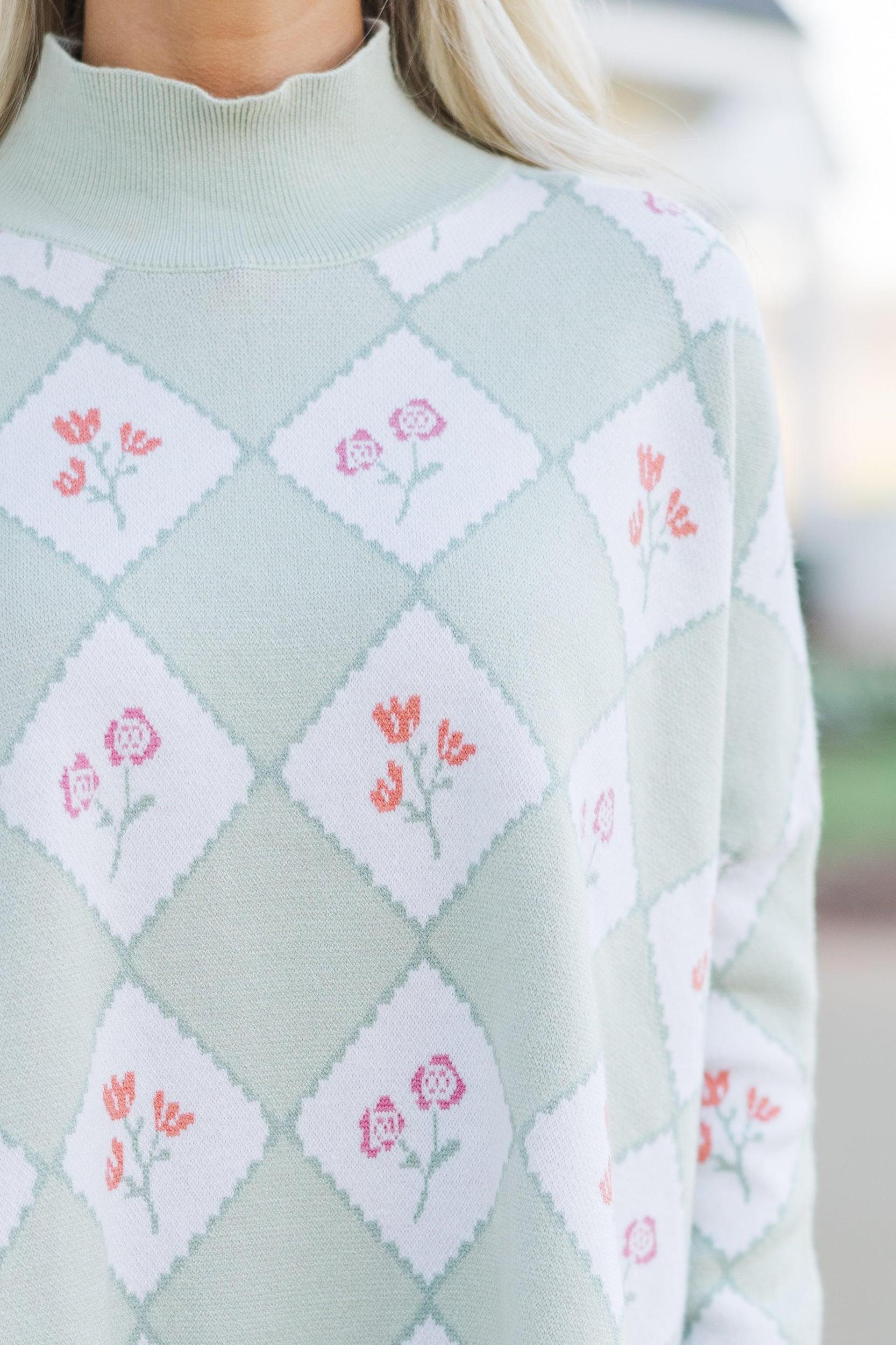 Quick Decisions Sage Green Floral Argyle Sweater Female Product Image