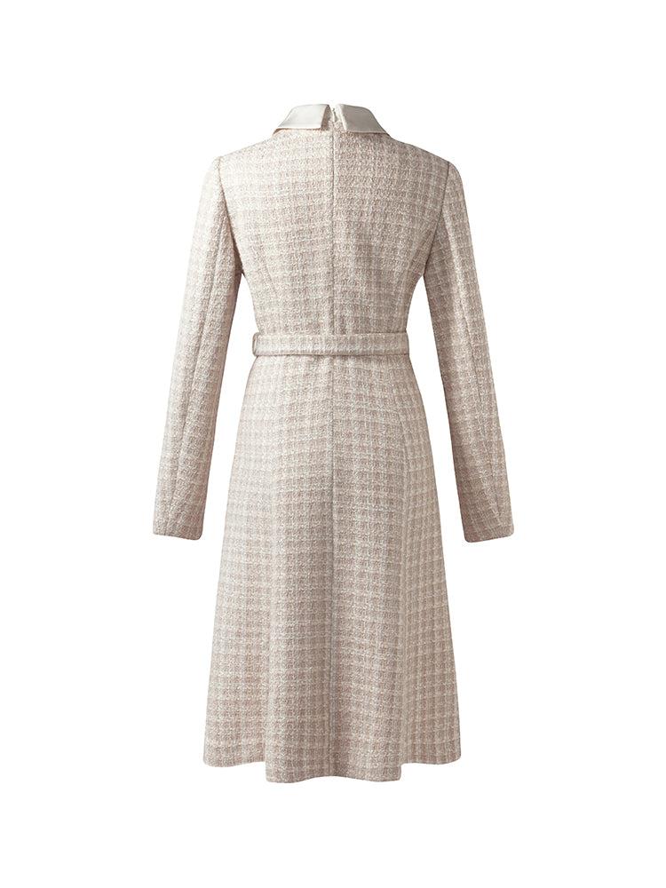 Wool Blend Tweed Patchwork Lapel Women Midi Dress With Belt Product Image