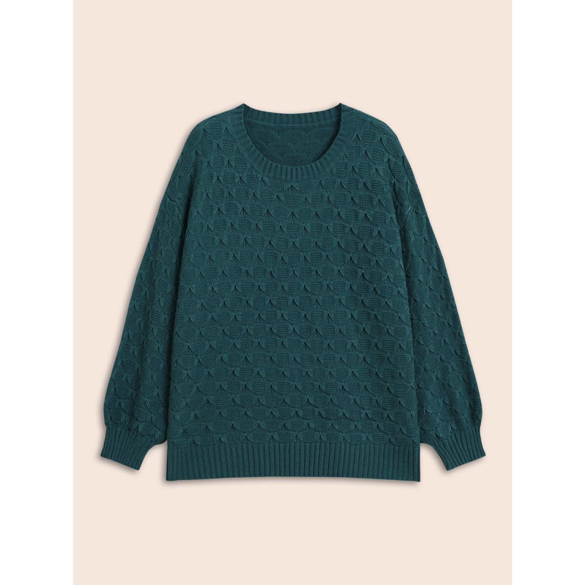 Plus Size Fish Scale Texture Drop Shoulder Pullover Cyan Women Casual Loose Long Sleeve Round Neck Everyday Pullovers BloomChic 18-20/2X Product Image