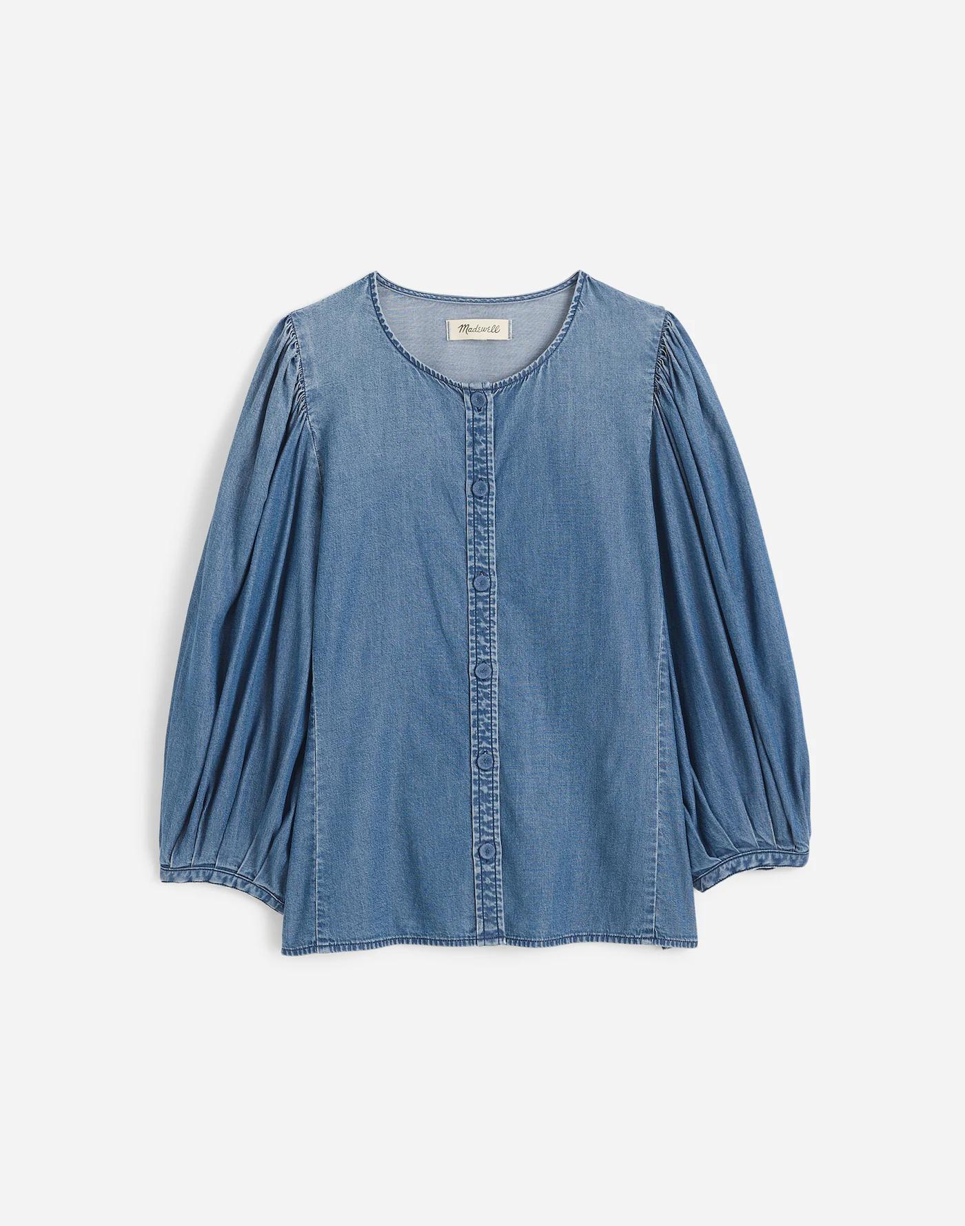 Denim Puff-Sleeve Button-Up Top Product Image