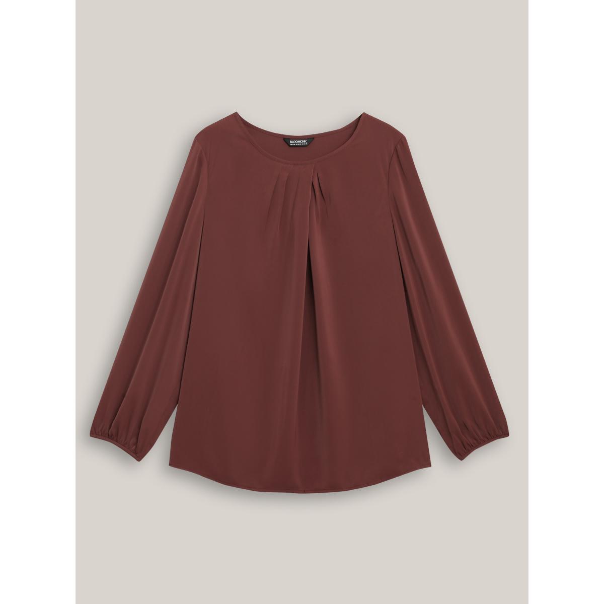 Plus Size Browncoffeecolor Solid Crew Neck Lantern Sleeve Blouse Women At the Office Long Sleeve Round Neck Office Blouses BloomChic 26/4X Product Image