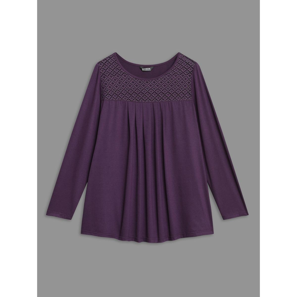Plus Size Crew Neck Lace Detail Pleated T-Shirt Eggplant Women Elegant See through Round Neck Everyday T-shirts BloomChic 14-16/1X Product Image
