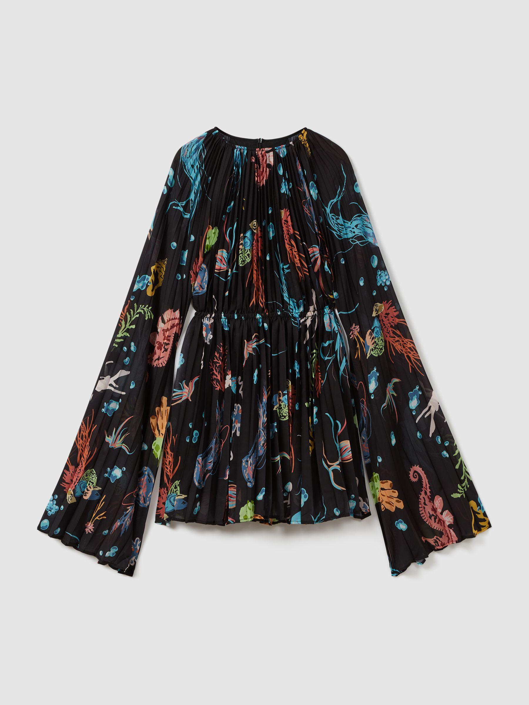 Leo Lin Pleated Bell Sleeve Mini Dress in Twilight Print Black Product Image