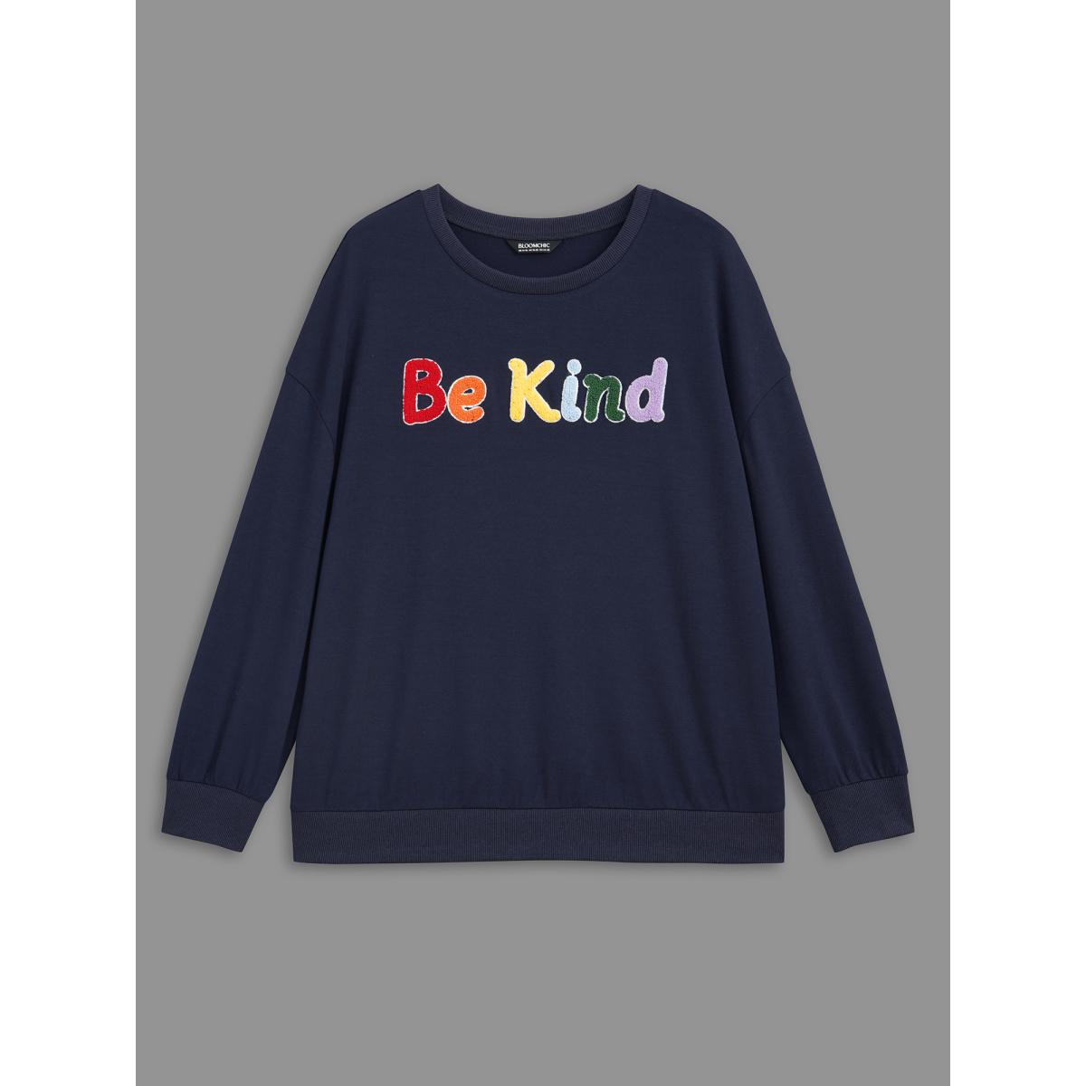 Plus Size Be Kind Towel Embroidered Sweatshirt Women Indigo Casual Embroidered Round Neck Everyday Sweatshirts BloomChic 10/M Product Image