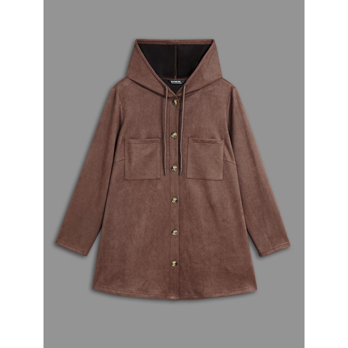 Plus Size Faux Suede Pocket Hooded Drawstring Jacket Women DarkBrown Drawstring Loose Side seam pocket Everyday Jackets BloomChic 14-16/1X Product Image