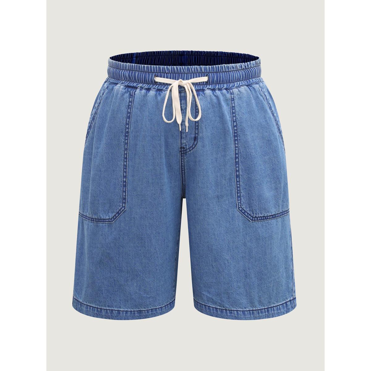Plus Size Cotton Stretchy Waist Drawstrings Denim Shorts Women Midblue No stretch Casual Slanted pocket Leisure Denim Shorts BloomChic 20/2X Product Image