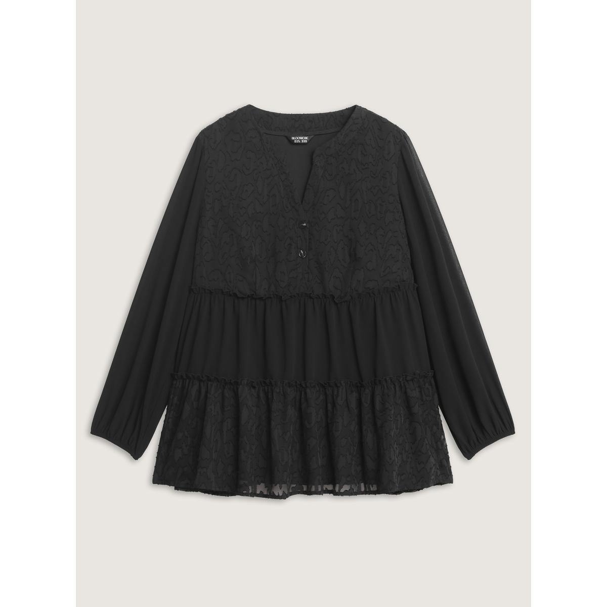 Plus Size Black Textured Leopard Laser Cut Tiered Blouse Women Timeless Long Sleeve Flat collar with V-notch Elegant Blouses BloomChic 30/6X Product Image