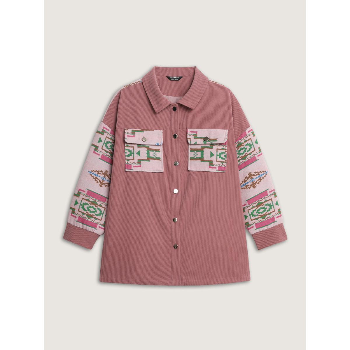 Plus Size Abstract Print Color Contrast Button-Down Shirt Women Beanpastepowder Leisure Texture Loose Ladies Casual Winter Coats BloomChic 30/6X Product Image