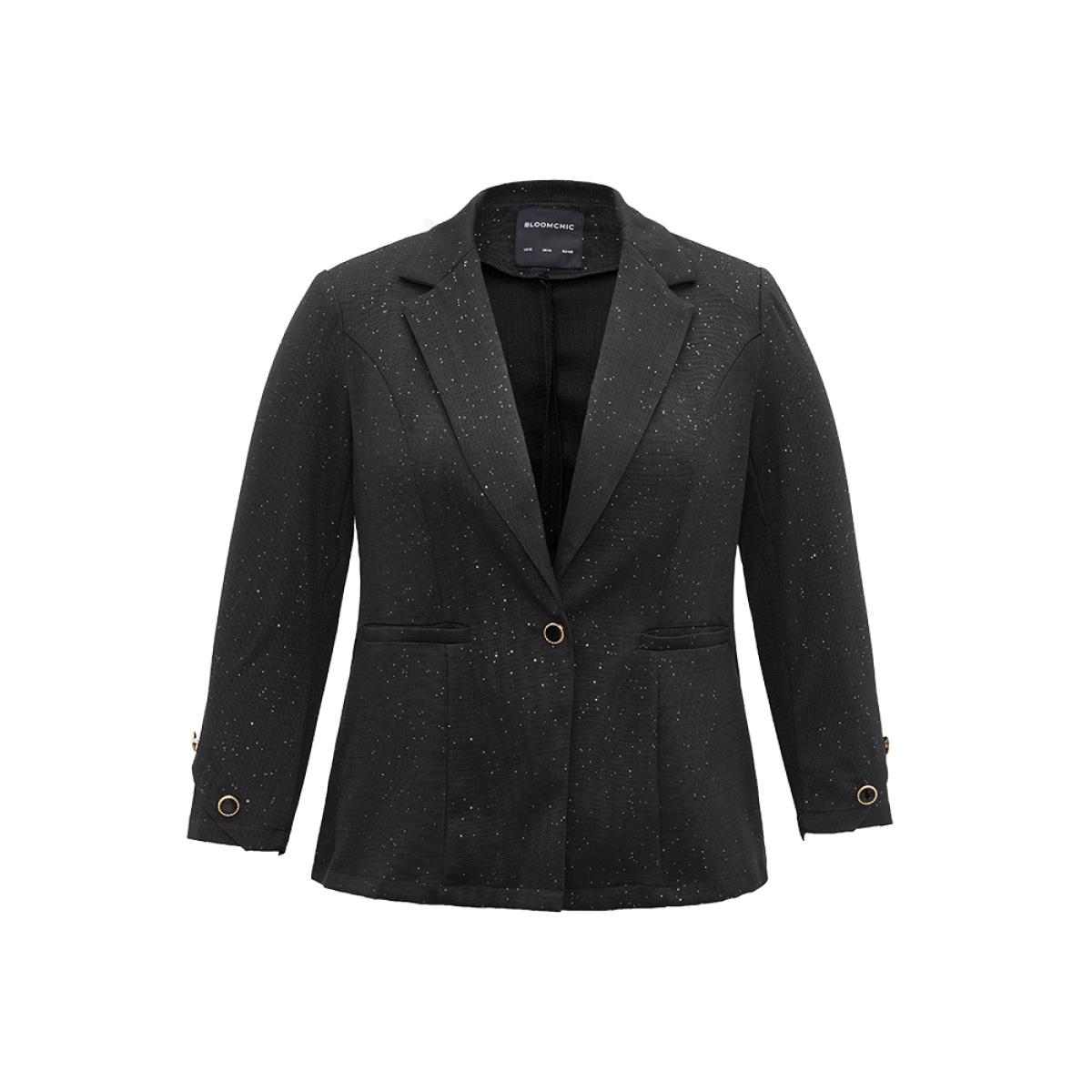 Plus Size Glitter Suit Collar Button Detail Blazer Black Women Work Plain Plain Sleeve Long Sleeve Suit Collar 22-24/3X Pocket At the Office Blazers BloomChic Product Image