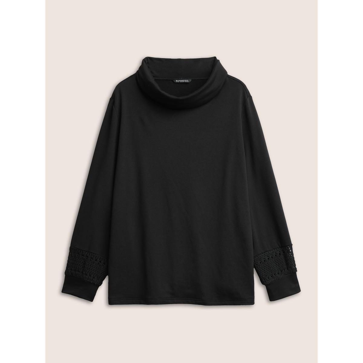 Plus Size Plain Turtle Neck Crochet Lace Sweatshirt Women Black Casual Non Turtleneck Everyday Sweatshirts BloomChic 12/L Product Image