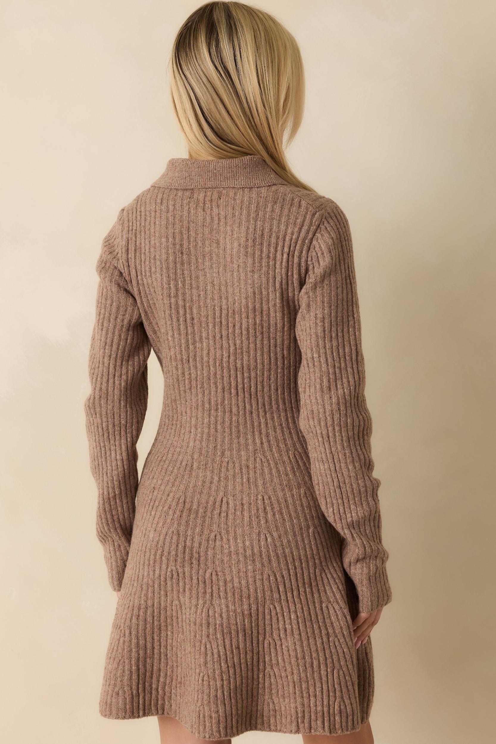 Feels Like Now Mocha Brown Ribbed Knit Sweater Mini Dress L / Brown Product Image