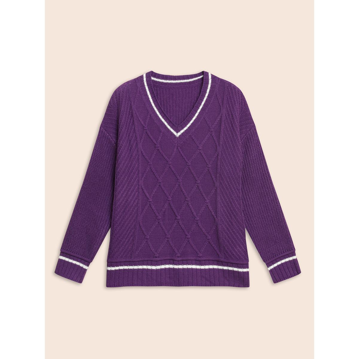 Plus Size Contrast Trim V Neck Texture Pullover DarkViolet Women Casual Loose Long Sleeve V-neck Everyday Pullovers BloomChic 14-16/1X Product Image
