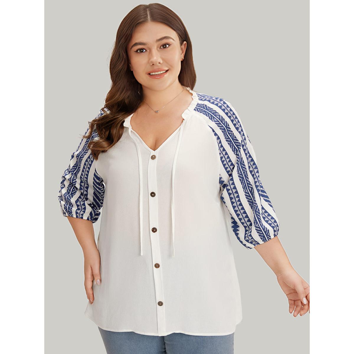 Plus Size DarkBlue Boho Print Tie Neck Patchwork Lantern Sleeve Blouse Women Vacation Elbow-length sleeve Tie Neck Dailywear Blouses BloomChic 10/M Product Image