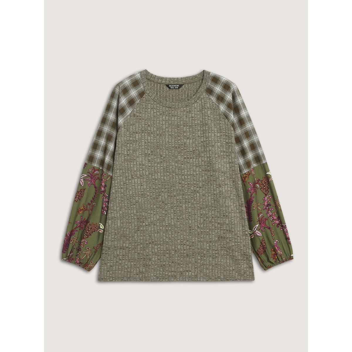 Plus Size Plaid Sleeve Color Contrast Textured Sweatshirt Women ArmyGreen Leisure Texture Round Neck Casual Sweatshirts BloomChic 12/L Product Image