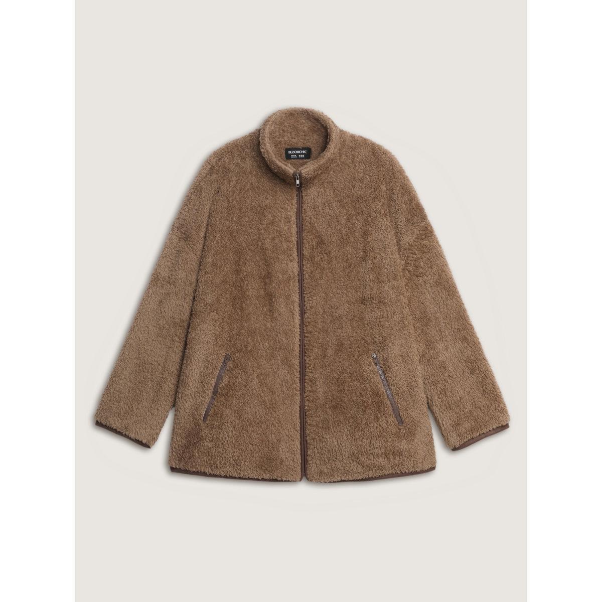 Plus Size Furry Textured Color Contrast Pockets Jacket Women Browncoffeecolor Texture Zippered pocket Casual Jackets BloomChic 26/4X Product Image