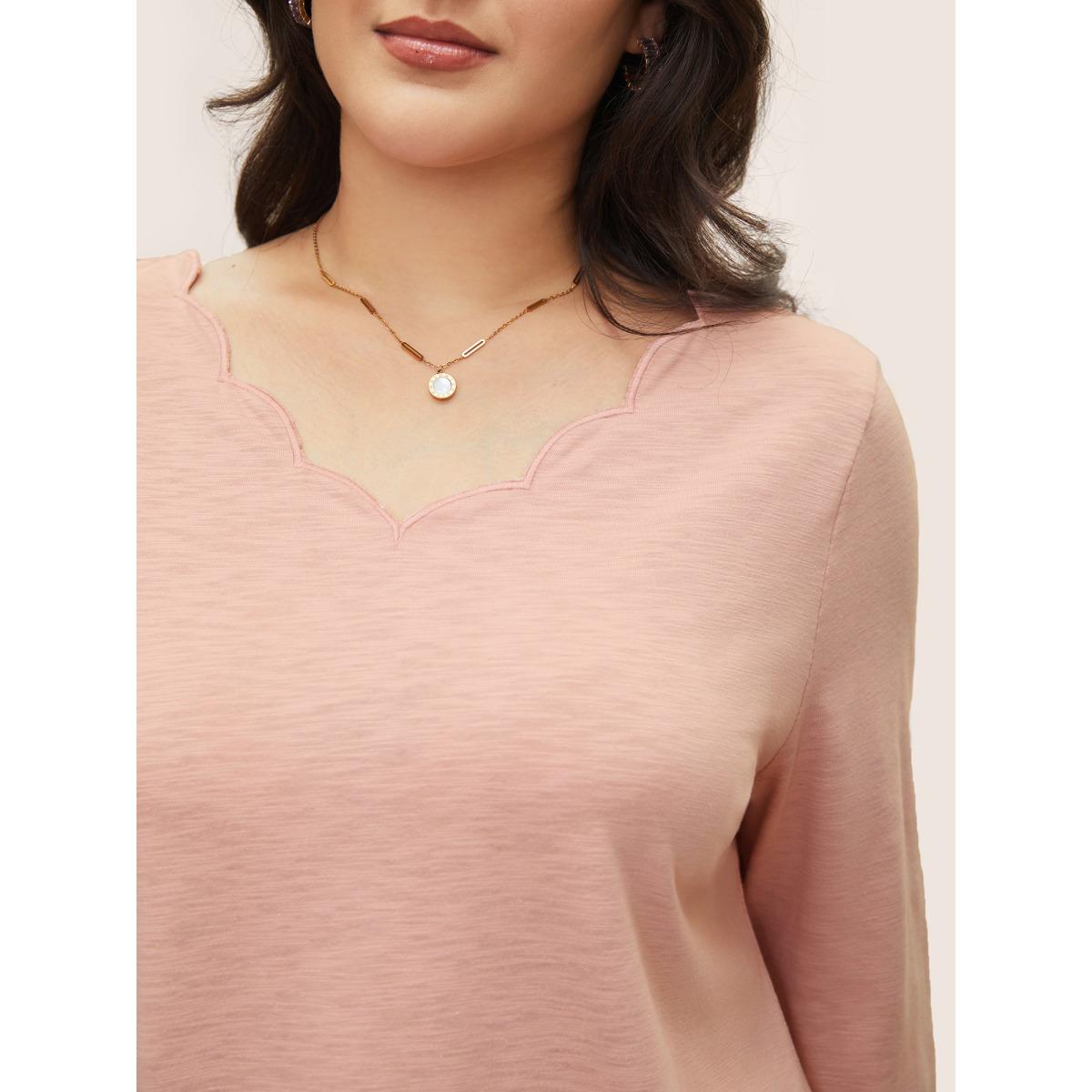 Plus Size Solid Heather Scalloped Trim T-shirt Pink Women Casual Plain Plain V-neck Everyday T-shirts BloomChic 22-24/3X Product Image