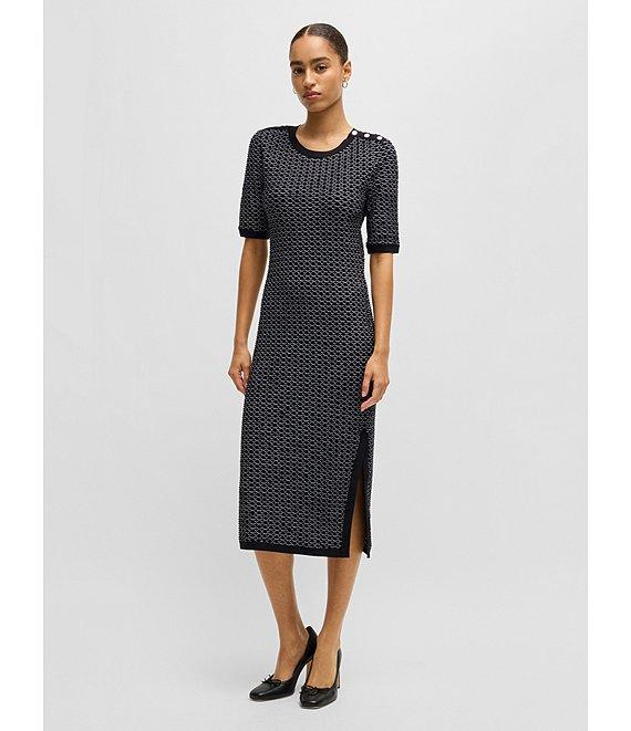 BOSS by Hugo Boss Etanah Monochrome Honeycomb Knit Round Neck 3/4 Sleeve Midi Dress Product Image